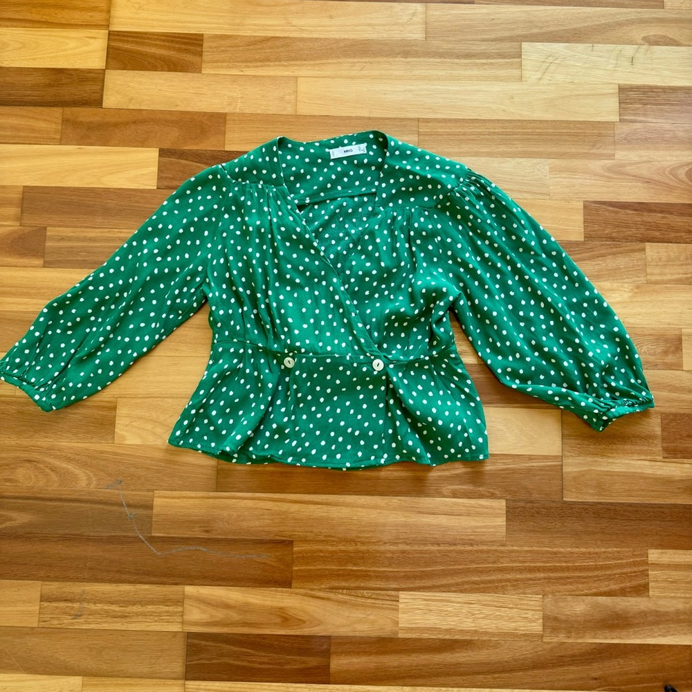 MANGO green polka dot long puff sleeved blouse
